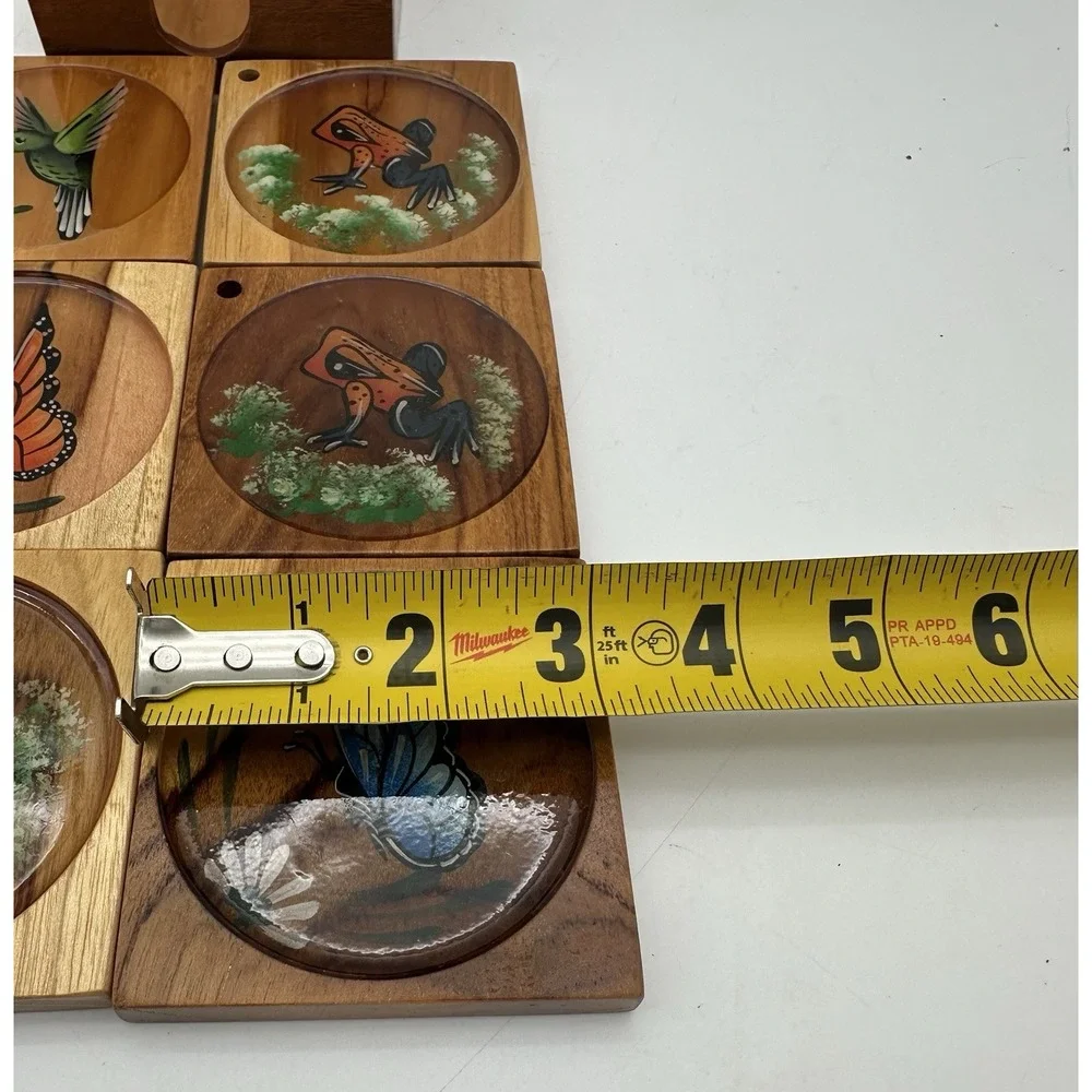 Vintage Wooden Animal Coasters Set Of 6 Birds, Frogs, Butterflies 3